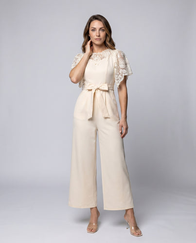 Damen eleganter Jumpsuit mit Spitzenärmeln und tailliertem Gürtel