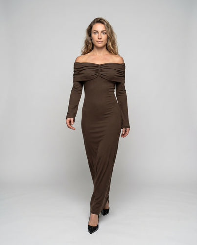 Damen Elegantes Maxi-Eventkleid mit schulterfreiem Design und Raffungen