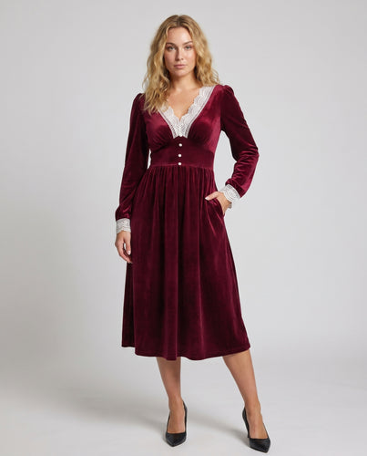 Damen elegantes Midikleid mit Spitzenakzenten und Knopfdetails
