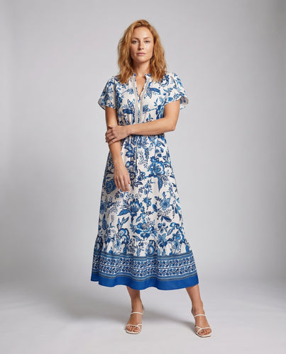 Damen florales Maxi-Kleid mit Taillengürtel und elegantem Rüschensaum