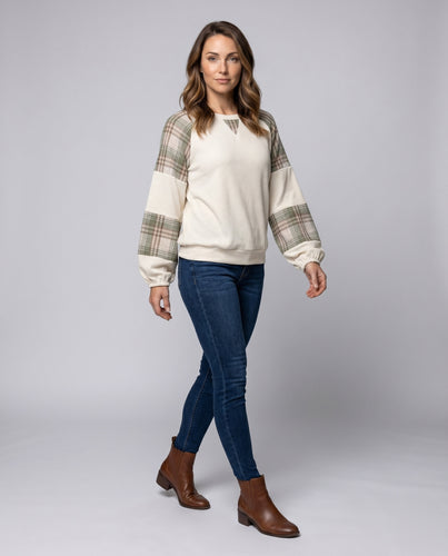 Damen gemütlicher Sweatshirt mit Karomuster und Puffärmeln