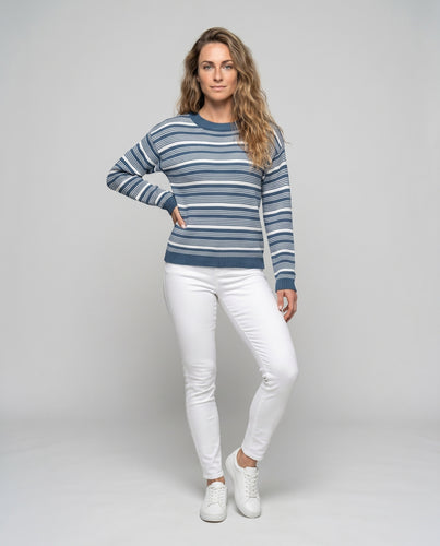 Damen gestreifter, hochgeschnittener Pullover mit bequemem Rundhalsausschnitt und weitem Schnitt