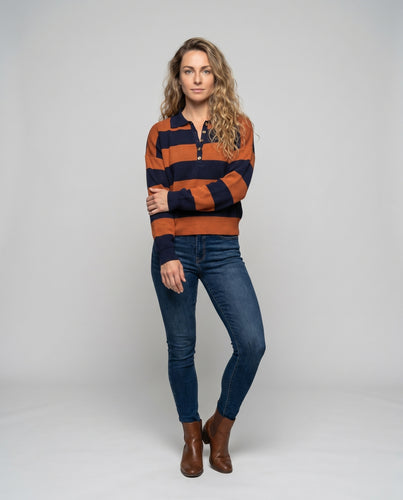 Damen gestreiftes Poloshirt mit Knopfleiste und weitem Schnitt