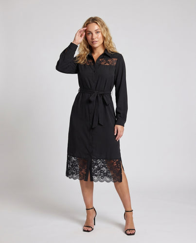 Damen Hemdblusenkleid mit feinen Spitzenakzenten und taillierbarem Gürtel