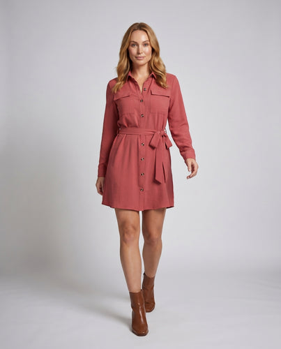 Damen Hemdblusenkleid mit Taillengürtel und durchgehender Knopfleiste