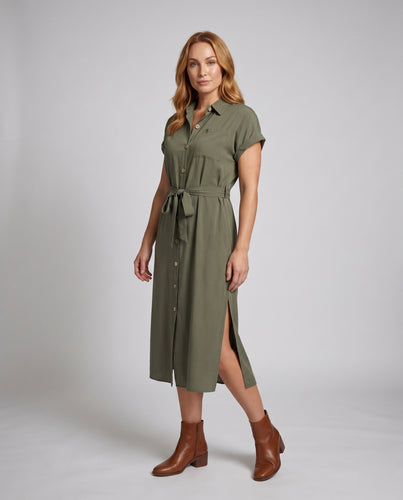 Damen Hemdblusenkleid mit Taillengürtel und seitlichen Knopfdetails