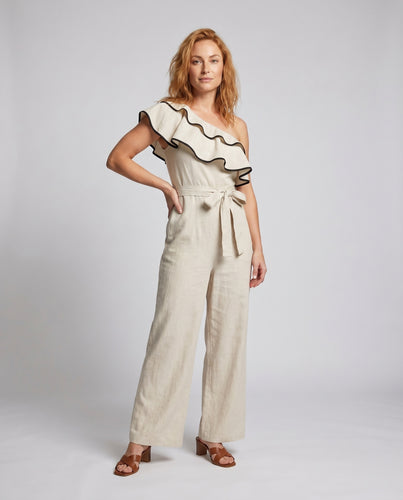 Damen Jumpsuit mit asymmetrischem Rüschensaum und tailliertem Bindegürtel