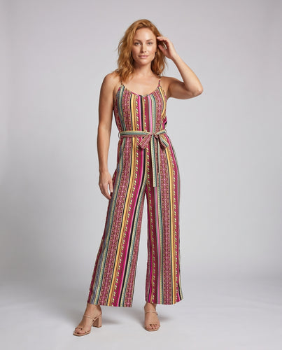 Damen Jumpsuit mit buntem Streifenmuster und schmalen Trägern
