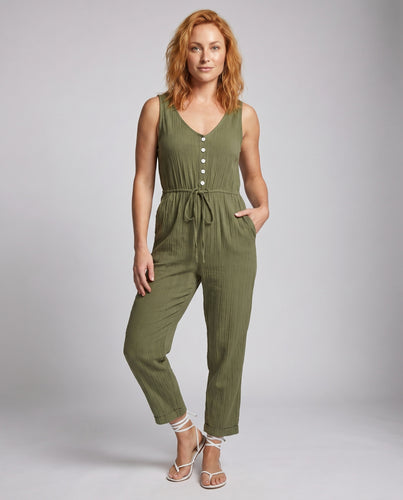 Damen Jumpsuit mit bunten Knöpfen und elastischem Taillengürtel