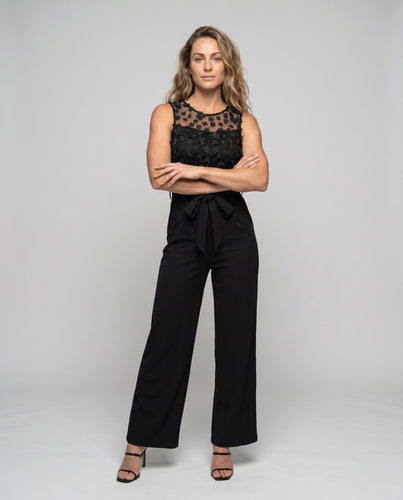 Damen Jumpsuit mit floralem Spitzenoberteil und Taillengürtel