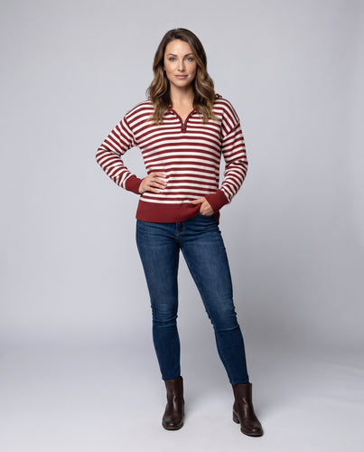 Damen Kapuzenpullover mit gestreiftem Design und halbem Reißverschluss