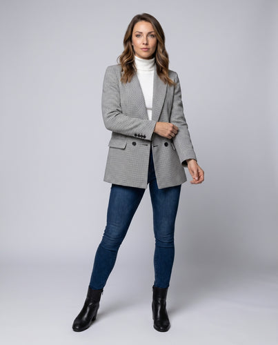 Damen Karierte Blazerjacke mit doppelter Knopfleiste und eleganten Taschen