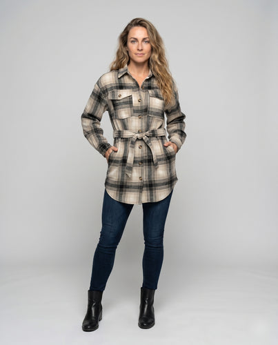 Damen Karo Hemdbluse mit Gürtel und Brusttaschen
