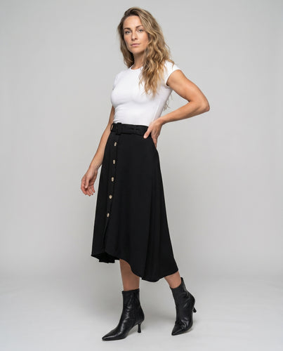Damen Knielanger Rock mit seitlichem Schlitz und Knopfdetails
