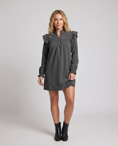 Damen Kurzarmkleid mit voluminösen Rüschendetails und angedeutetem V-Ausschnitt