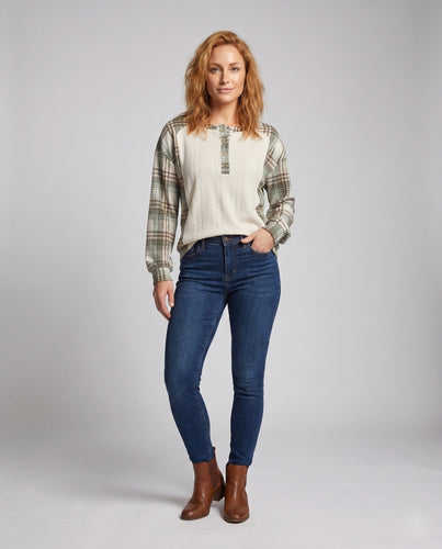 Damen Langarmshirt mit Karomuster und strukturiertem Stoff