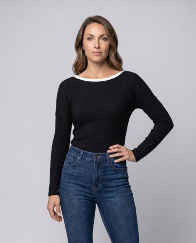 Damen Langarmshirt mit U-Boot-Ausschnitt und Rippstruktur