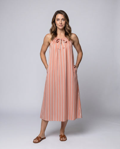 Damen langes Sommerkleid mit raffiniertem Bindegürtel und eleganten Streifendetails
