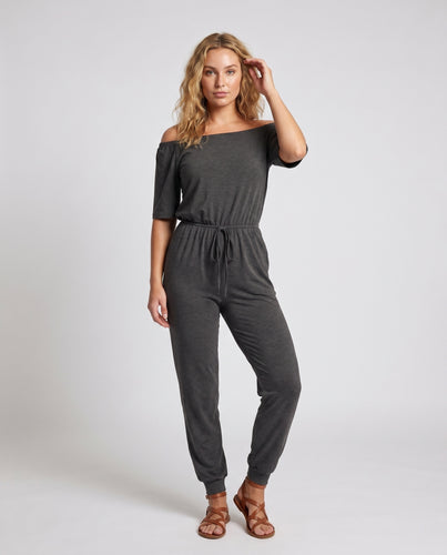 Damen lässiger Jumpsuit mit schulterfreiem Design und elastischem Bund