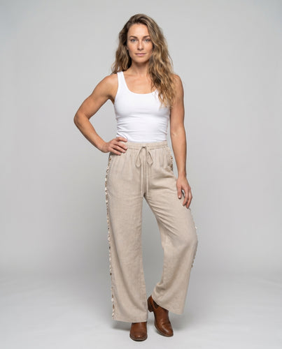 Damen luftige Leinenhose mit hohem Bund und seitlichen Rüschen