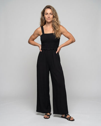 Damen luftiger Jumpsuit mit elastischem Oberteil und weitem Bein