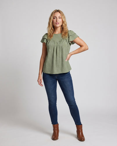Damen luftiges Blusenshirt mit Rüschendetails und Punktmuster