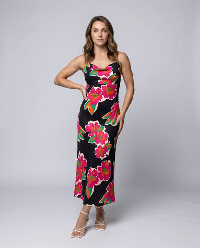 Damen Maxikleid mit Blumenmuster und schmalen Spaghetti-Trägern