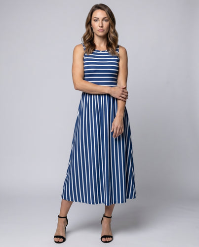 Damen Maxikleid mit elastischem Taillengürtel und modischem Streifenmuster