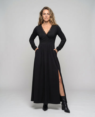 Damen Maxikleid mit elegantem V-Ausschnitt und raffiniertem Schlitz