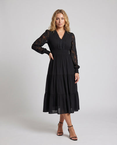 Damen Maxikleid mit eleganten Spitze-Ärmeln und tiefem V-Ausschnitt