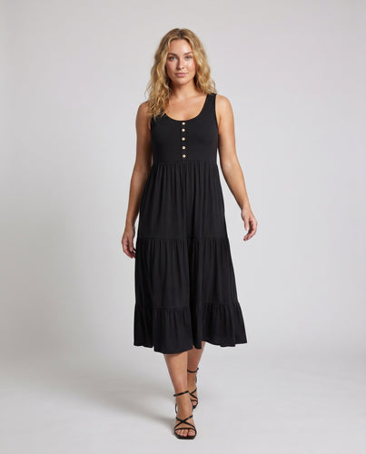 Damen Maxikleid mit eleganter Knopfleiste und fließendem Rüschenschnitt