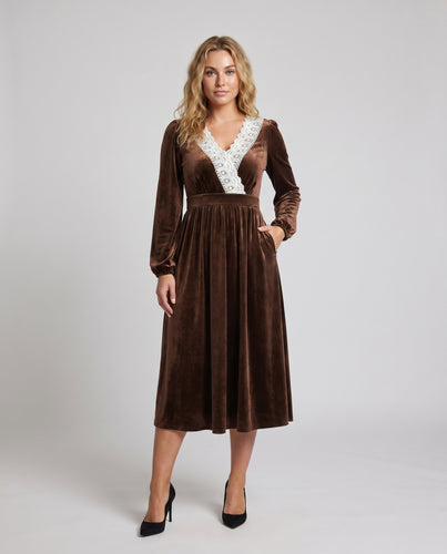 Damen Maxikleid mit eleganter Spitzenverzierung und tiefem V-Ausschnitt