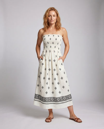 Damen Maxikleid mit floralem Jacquardmuster und elastischem Oberteil