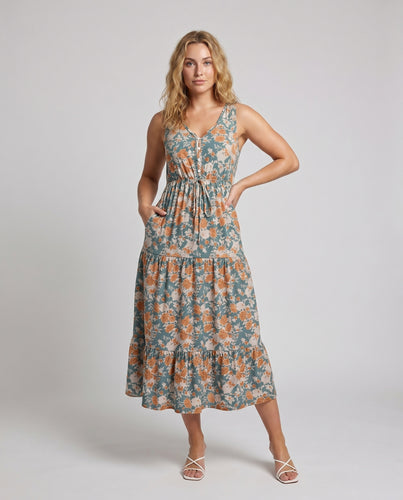 Damen Maxikleid mit floralen Rüschen und knöpfbarem Ausschnitt