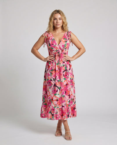 Damen Maxikleid mit floralen Rüschen und verstellbaren Trägern