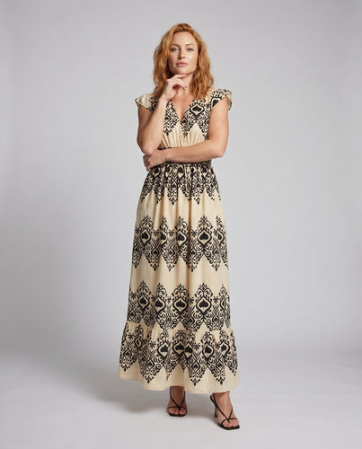 Damen Maxikleid mit raffiniertem Druck und elastischem Oberteil