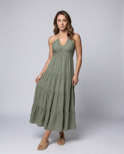 Damen Maxikleid mit Rüschensaum und tiefem V-Ausschnitt