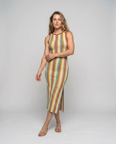 Damen Maxikleid mit seitlichem Schlitz und Wellenmuster