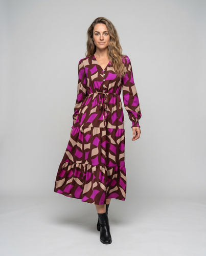 Damen Maxikleid mit Taillengürtel und Verspieltem Rüschenbesatz