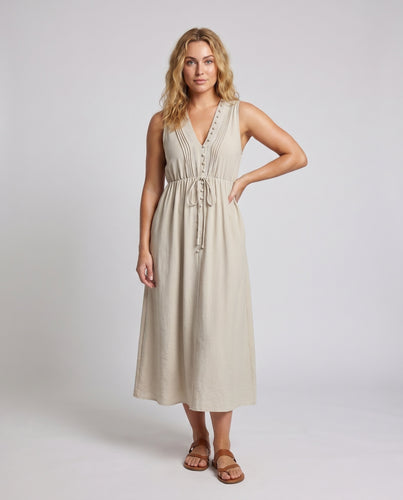 Damen Maxikleid mit tiefem V-Ausschnitt und eleganten Knopfdetails