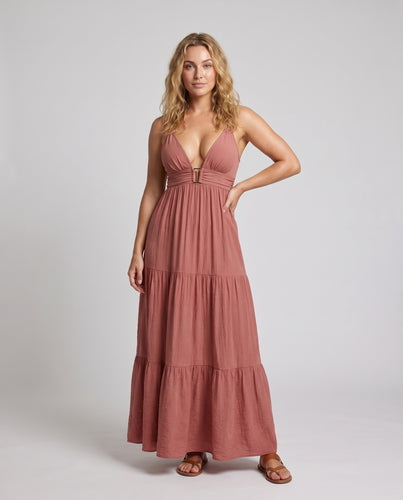 Damen Maxikleid mit tiefem V-Ausschnitt und luftiger Rockpartie