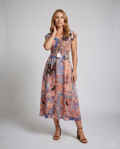 Damen Maxikleid mit verspieltem Paisleymuster und elastischem Taillengürtel