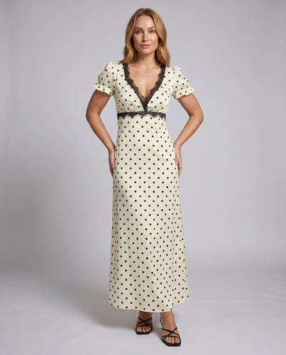 Damen Maxikleid mit verspieltem Punktenmuster und eleganten Spitzenakzenten