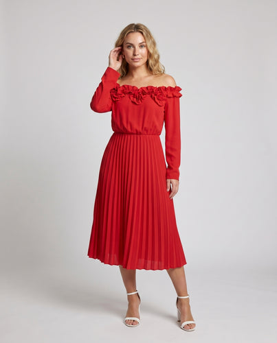 Damen Midikleid mit eleganten Rüschen und plissiertem Rock