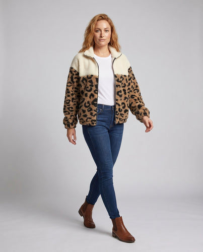 Damen modische Fleecejacke mit Leopardenmuster und hohem Kragen