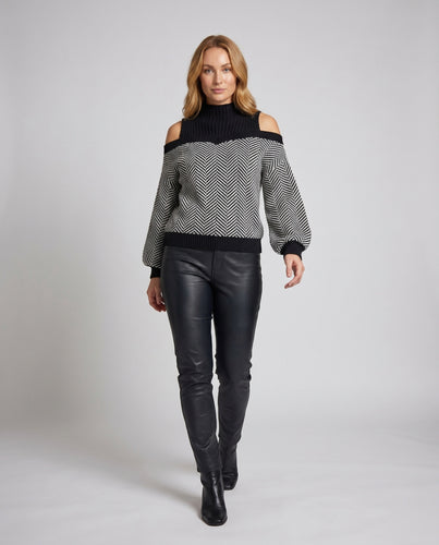Damen Oversized Strickpullover mit schulterfreien Details und geometrischem Muster