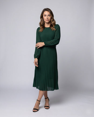 Damen Plissiertes Maxi-Kleid mit elegantem Taillengürtel und Puffärmeln