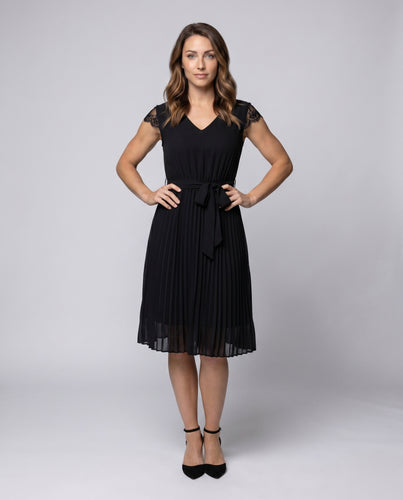 Damen Plissiertes Midi-Kleid mit Taillengürtel und eleganten Spitzenärmeln