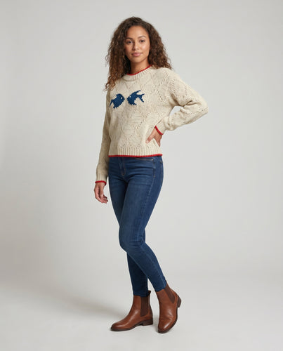 Damen Strickpullover mit Fischmotiv und buntem Saum