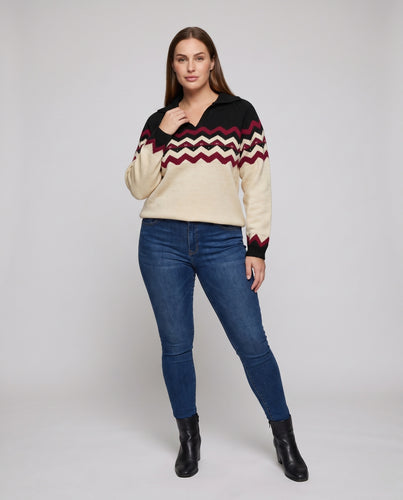 Damen Strickpullover mit geometrischem Muster und modernem Kragen
